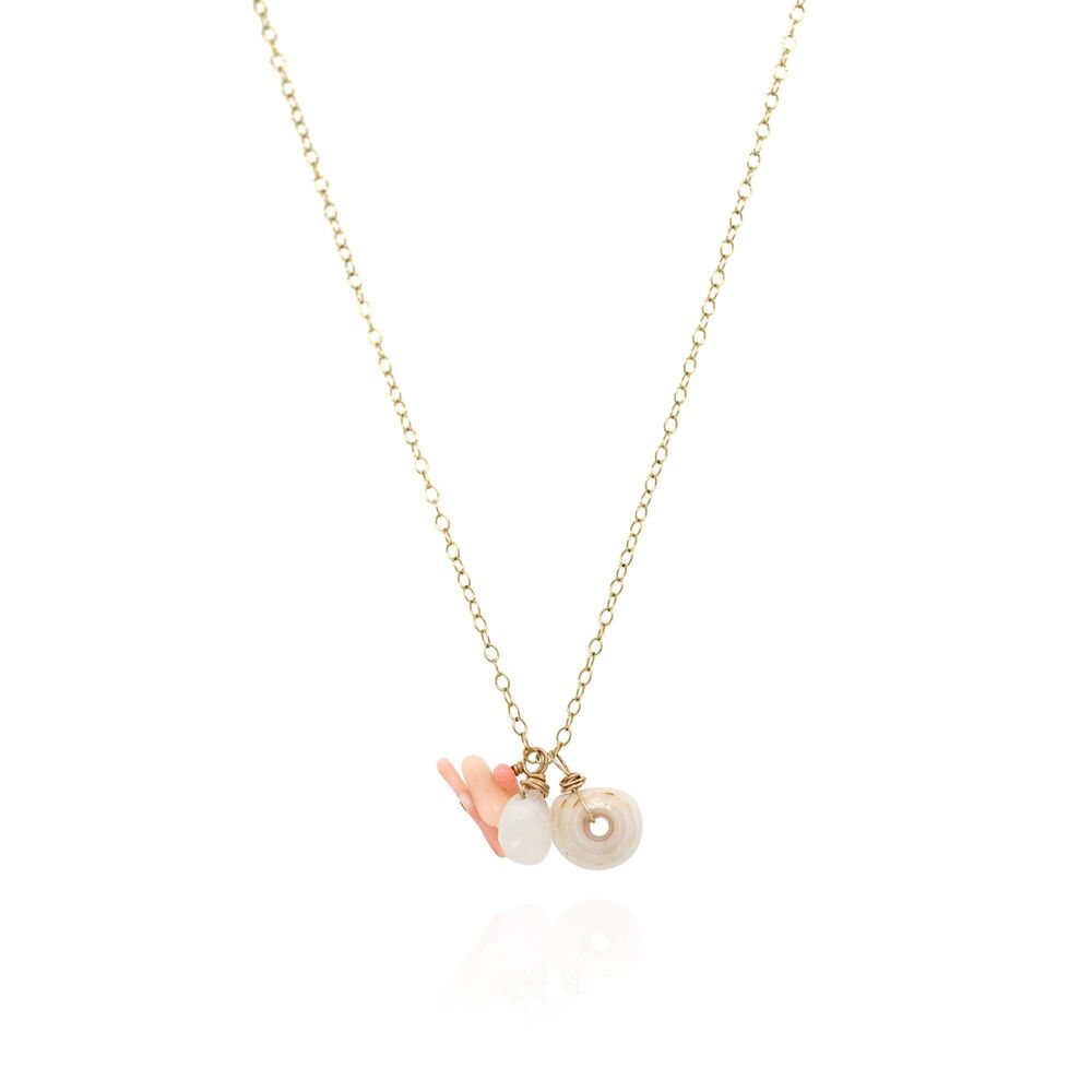 Gold Filled Beach Charm Necklace 14K GF Moonstone Coral Shell Coastal Necklace